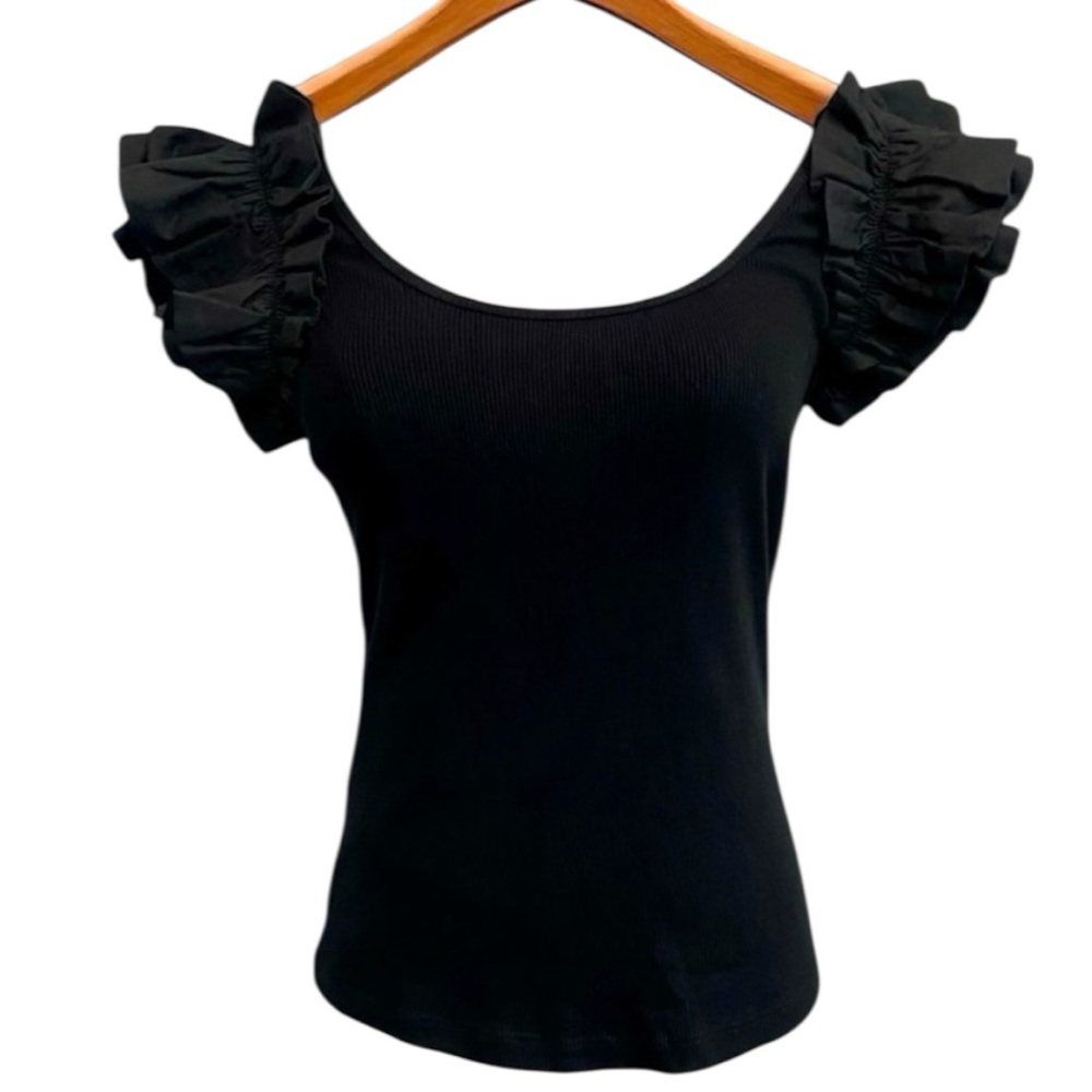 Pomander Place Top Womens Ruffle Short Sleeve Shirt Black Ribbed Medium